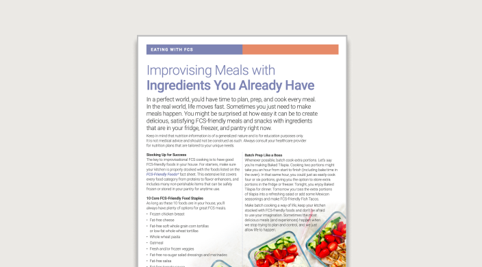 Informational fact sheet title page with text: Improvising meals with ingredients you already have