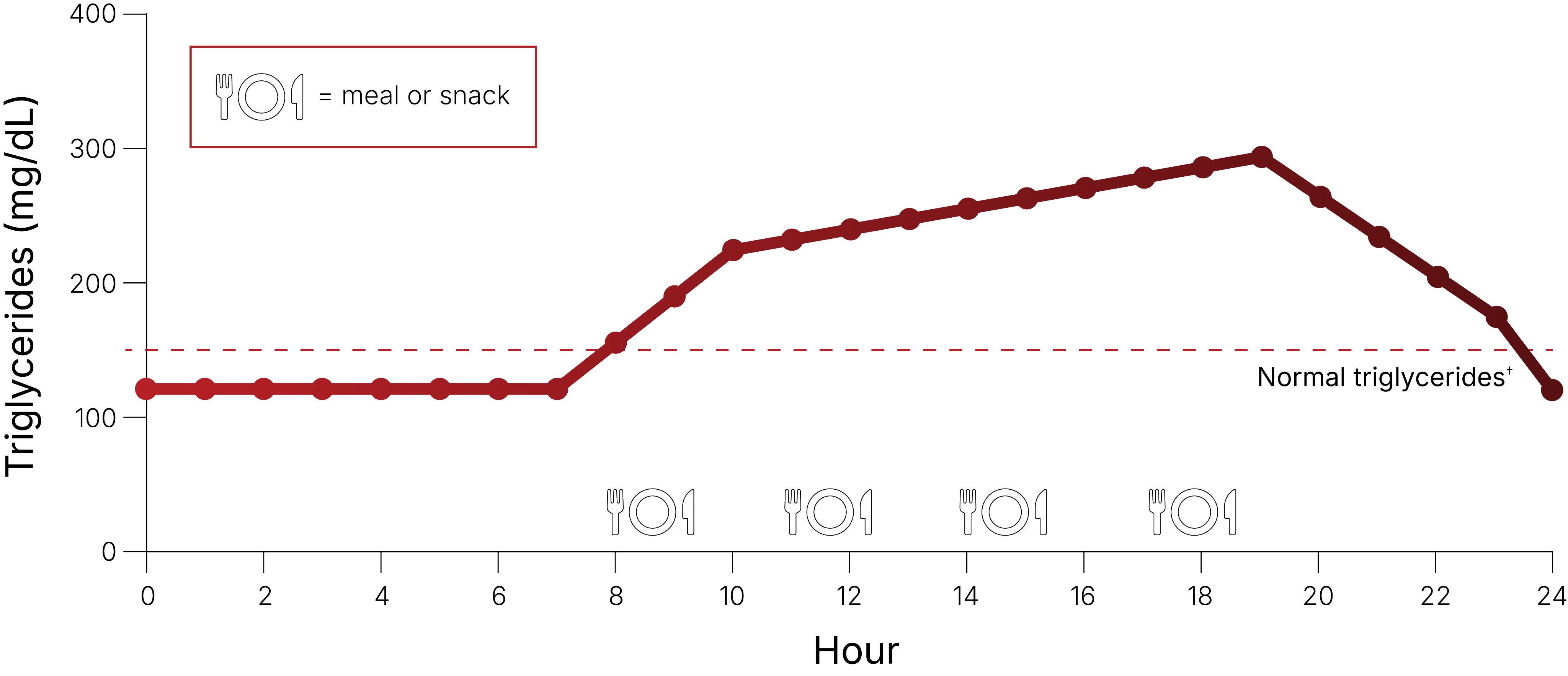 Line chart showing the estimated triglyceride kinetics for the average US male with normal triglycerides (122 mg/dL)