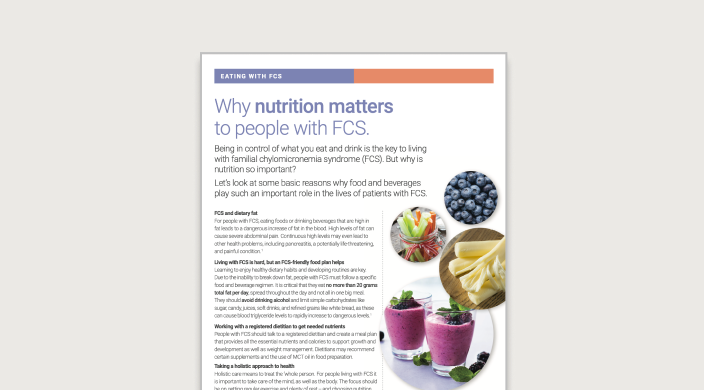 Informational fact sheet title page with text: Why nutrition matters to people with FCS