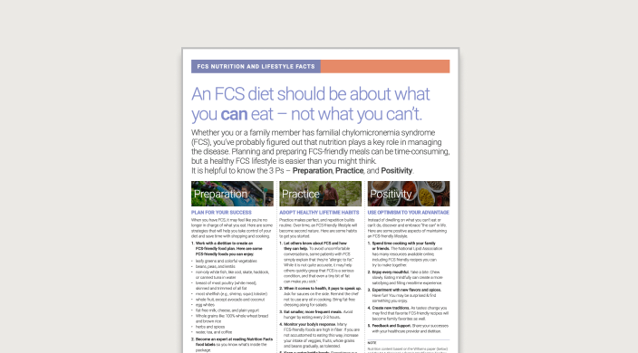 Informational fact sheet title page with text: An FCS diet should be about what you can eat - not what you can't