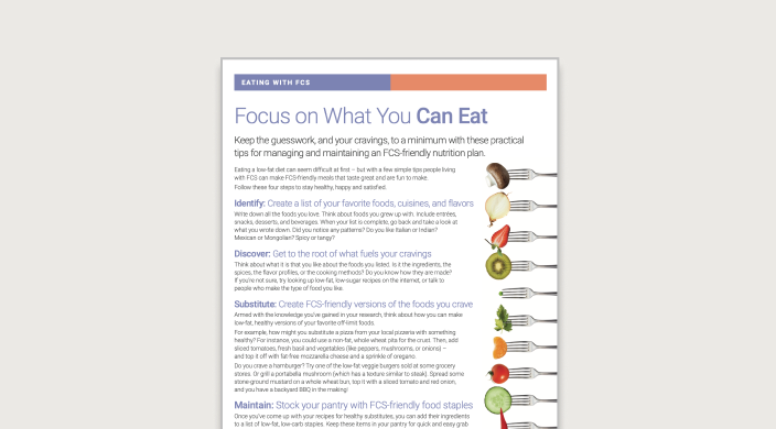 Informational fact sheet title page with text: Focus on what you can eat