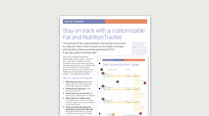 Informational fact sheet title page with text: Stay on track with a customizable fat and nutrition tracker